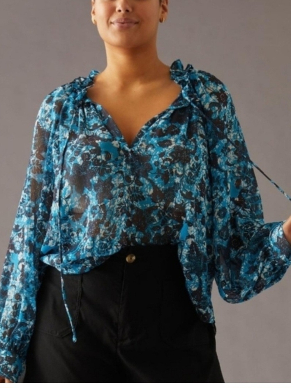 Anthropologie Sheer Printed Peasant Blouse Blue Motif Large